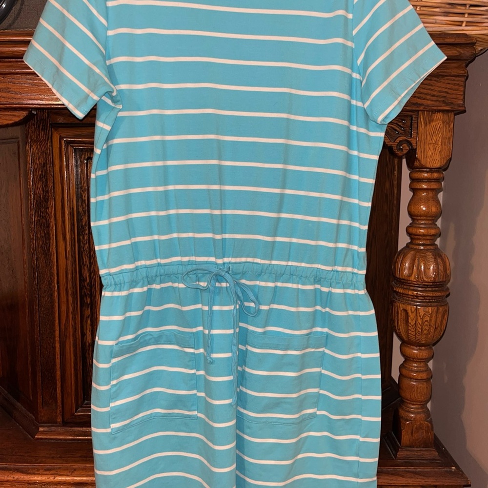 Susan Graver Aqua and White Striped Drawstring Waist Casual Dress